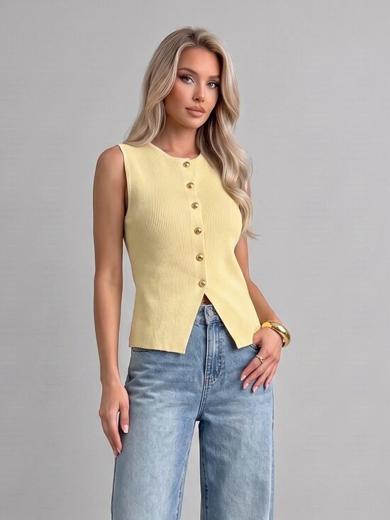 Tops - Women's Butter Yellow Sleeveless Knit Top Front Button Vest Tank Casual